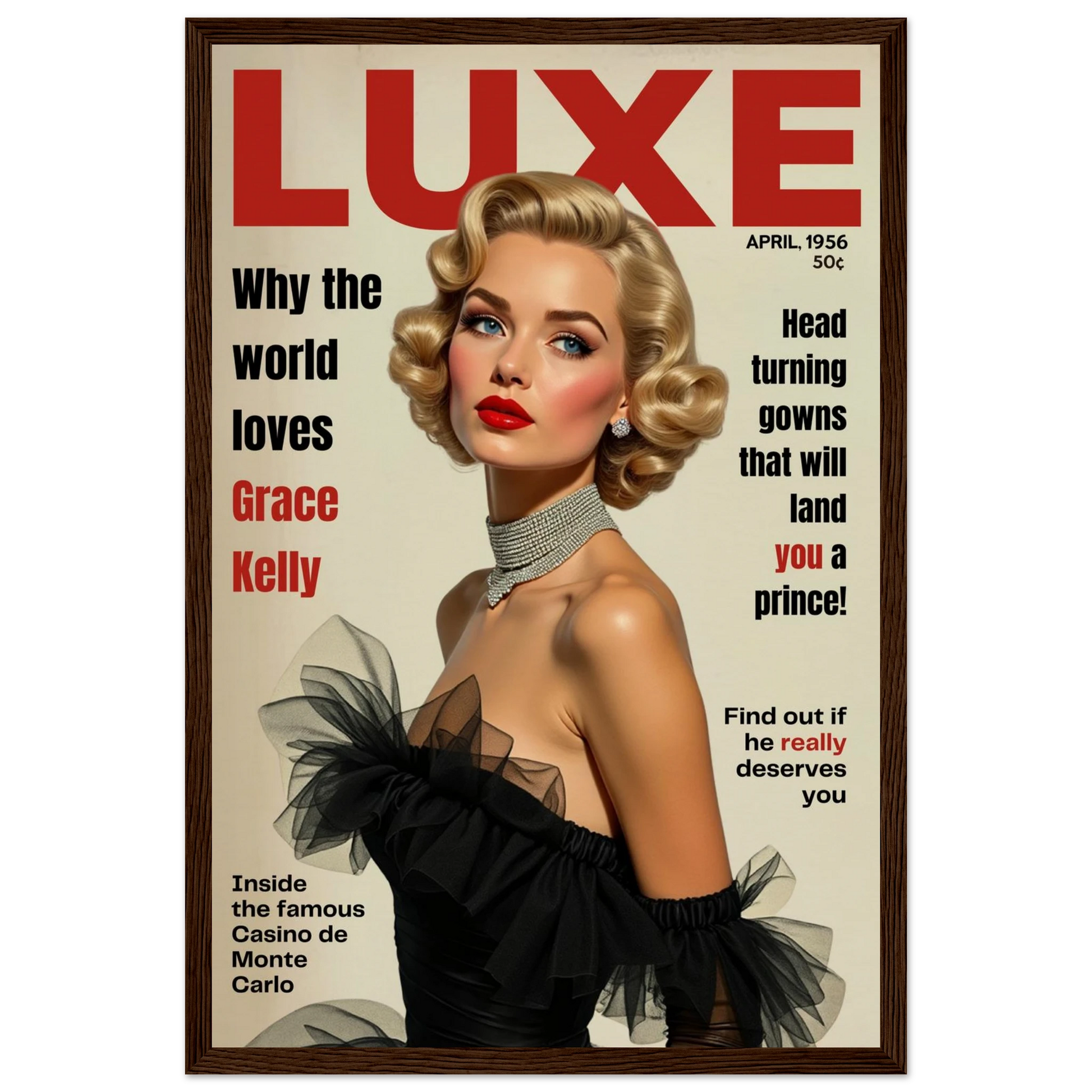 Grace Kelly Hollywood Glam Magazine Art Print Dark Brown Wood Frame 30x45 cm 12x18″ Museum-Quality Matte Framed Poster