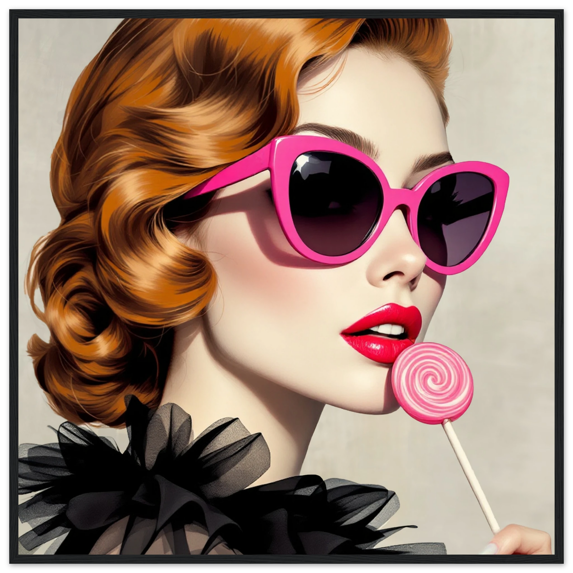 Retro Glam Fashion Model Lollipop Art Print Premium Matte Paper Wooden Framed Poster 70x70 cm 28x28″