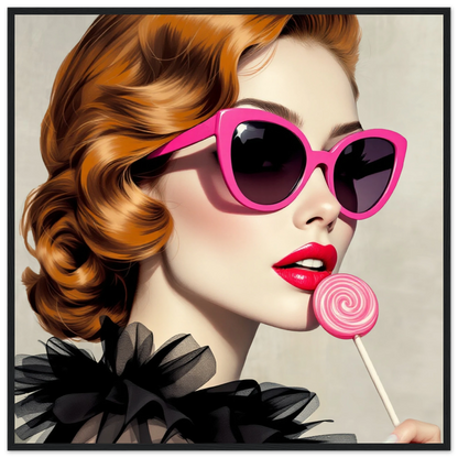 Retro Glam Fashion Model Lollipop Art Print Premium Matte Paper Wooden Framed Poster 70x70 cm 28x28″