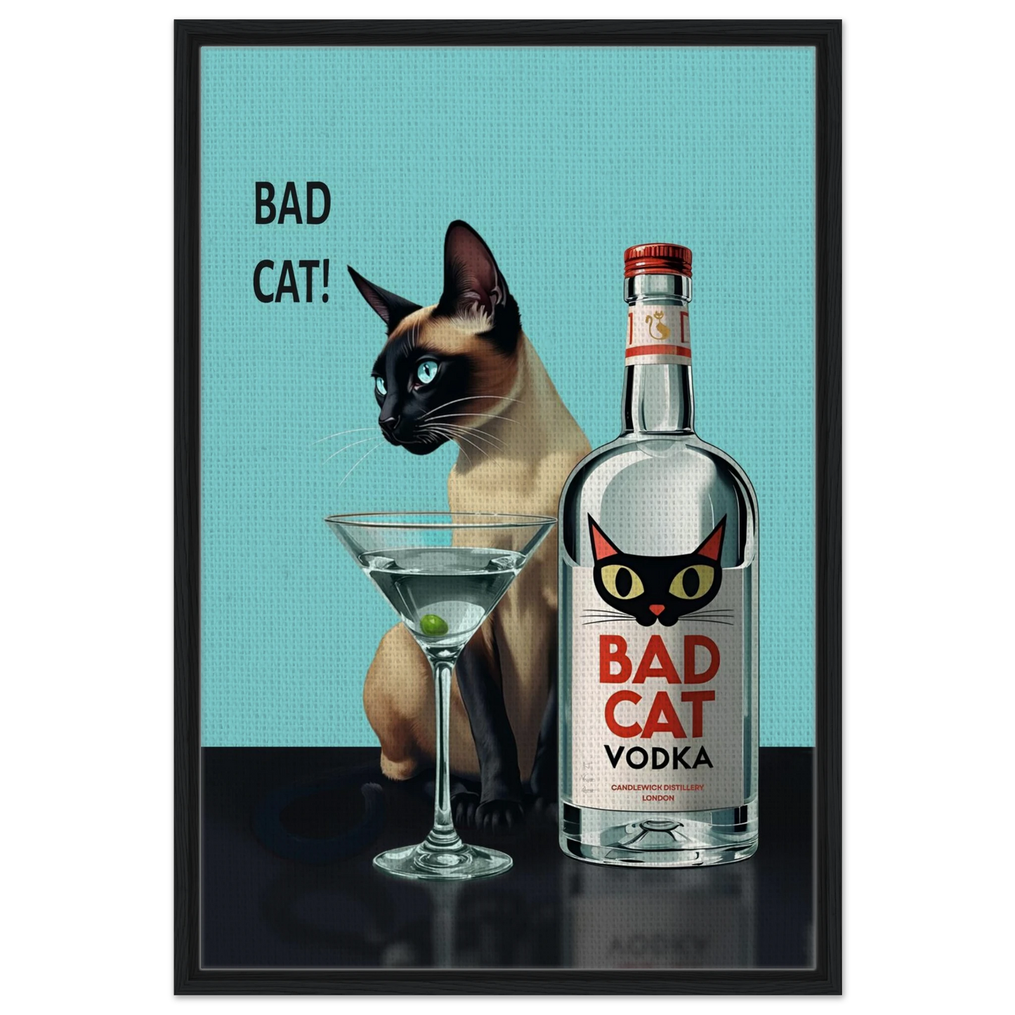 Siamese Cat Retro Martini Cocktail Bar Art Print Black Wood Frame 60x90 cm 24x36″ Framed Canvas