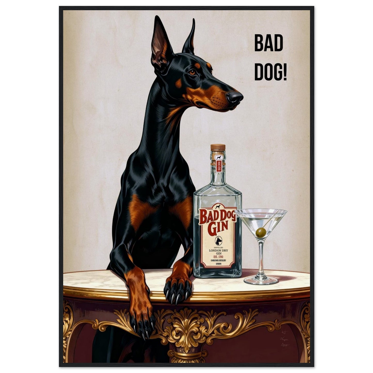 Bad Dog Gin Cocktail Bar Art Print 70x100 cm 28x40″ Museum-Quality Matte Framed Poster Black Wood Frame