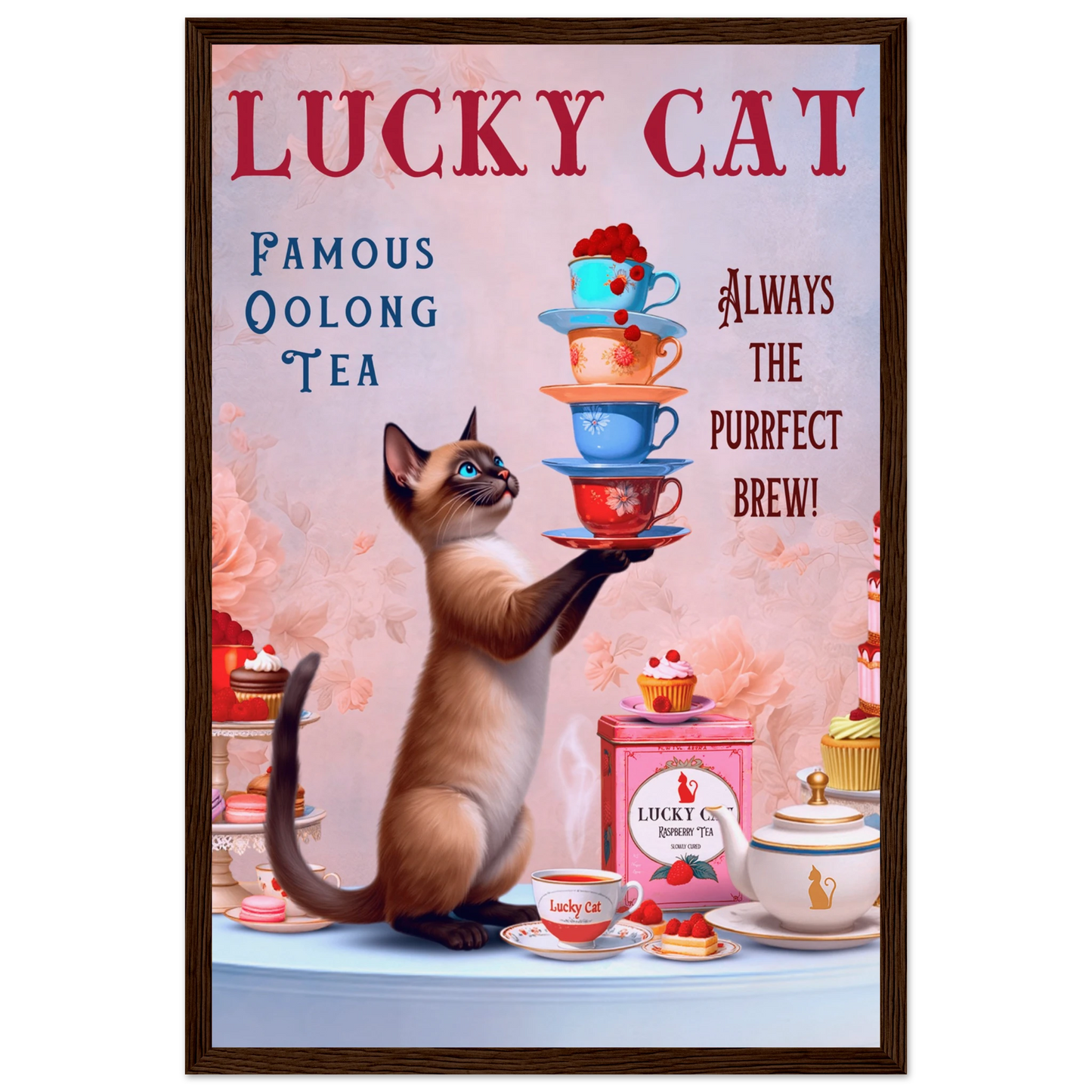Siamese Lucky Cat Vintage Tea Art Print 30x45 cm 12x18″ Museum-Quality Matte Paper Wooden Framed Poster Dark Brown Wood Frame