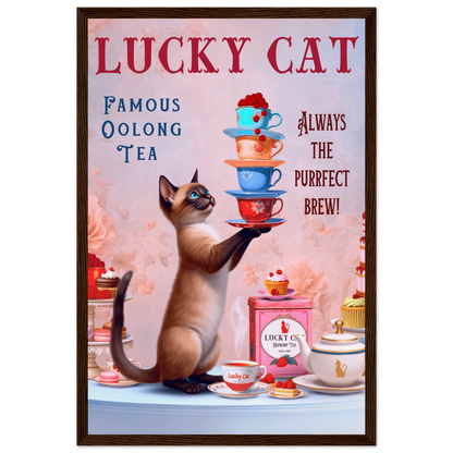 Siamese Lucky Cat Vintage Tea Art Print 30x45 cm 12x18″ Museum-Quality Matte Paper Wooden Framed Poster Dark Brown Wood Frame