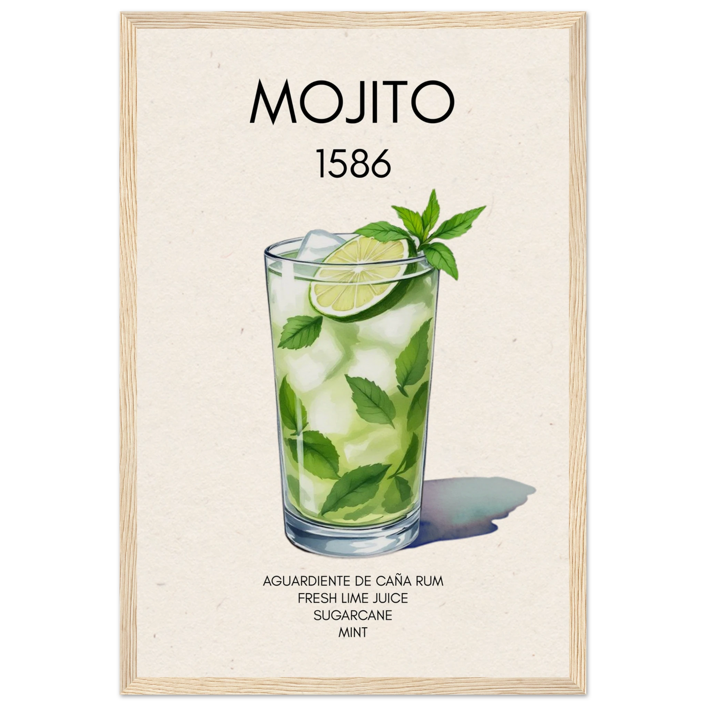 Mojito Cocktail Bar Poster Print Light Wood Frame 30x45 cm 12x18″ Museum-Quality Matte Paper Wooden Framed Poster