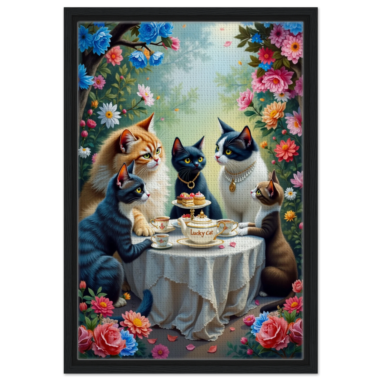 Lucky Cat Tea Party Botanical Art Print 40x60 cm 16x24″ Framed Canvas Black Wood frame