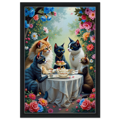 Lucky Cat Tea Party Botanical Art Print 40x60 cm 16x24″ Framed Canvas Black Wood frame