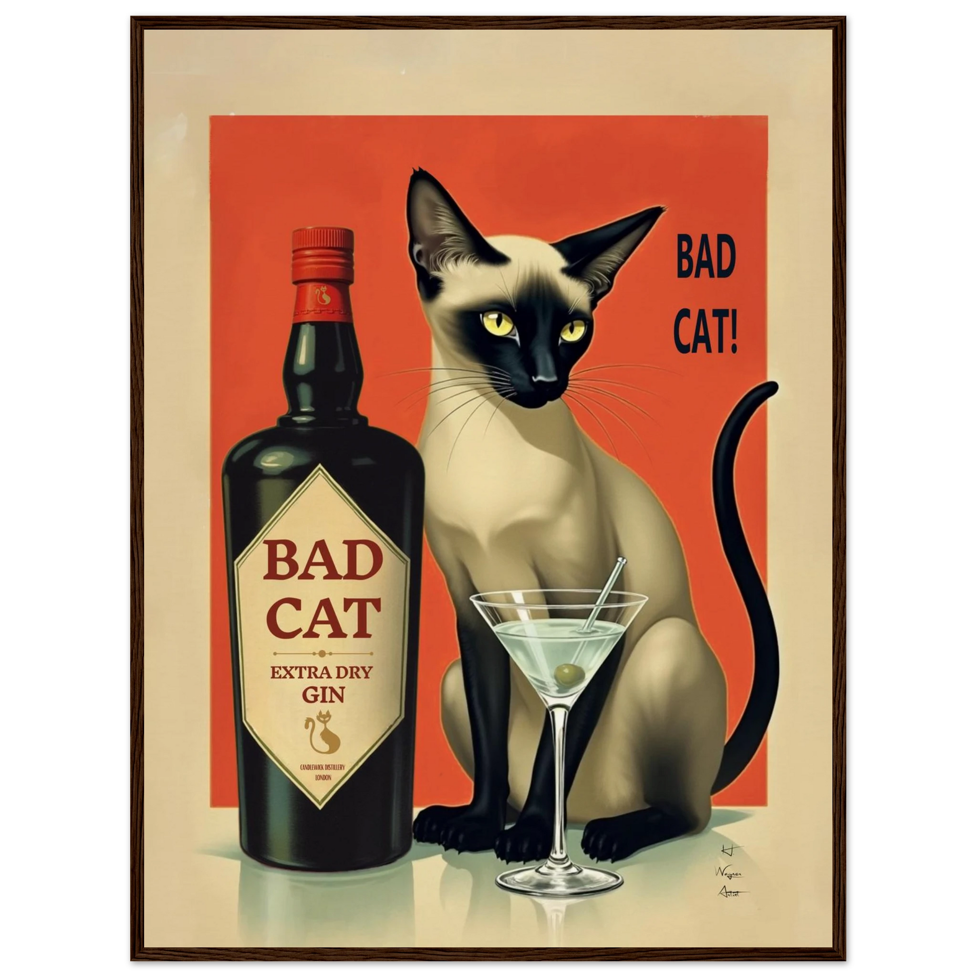 Siamese Cat Gin Martini Cocktail Art Print 60x80 cm 24x32″ Museum-Quality Matte Paper Wooden Framed Poster Dark Brown Wood Frame