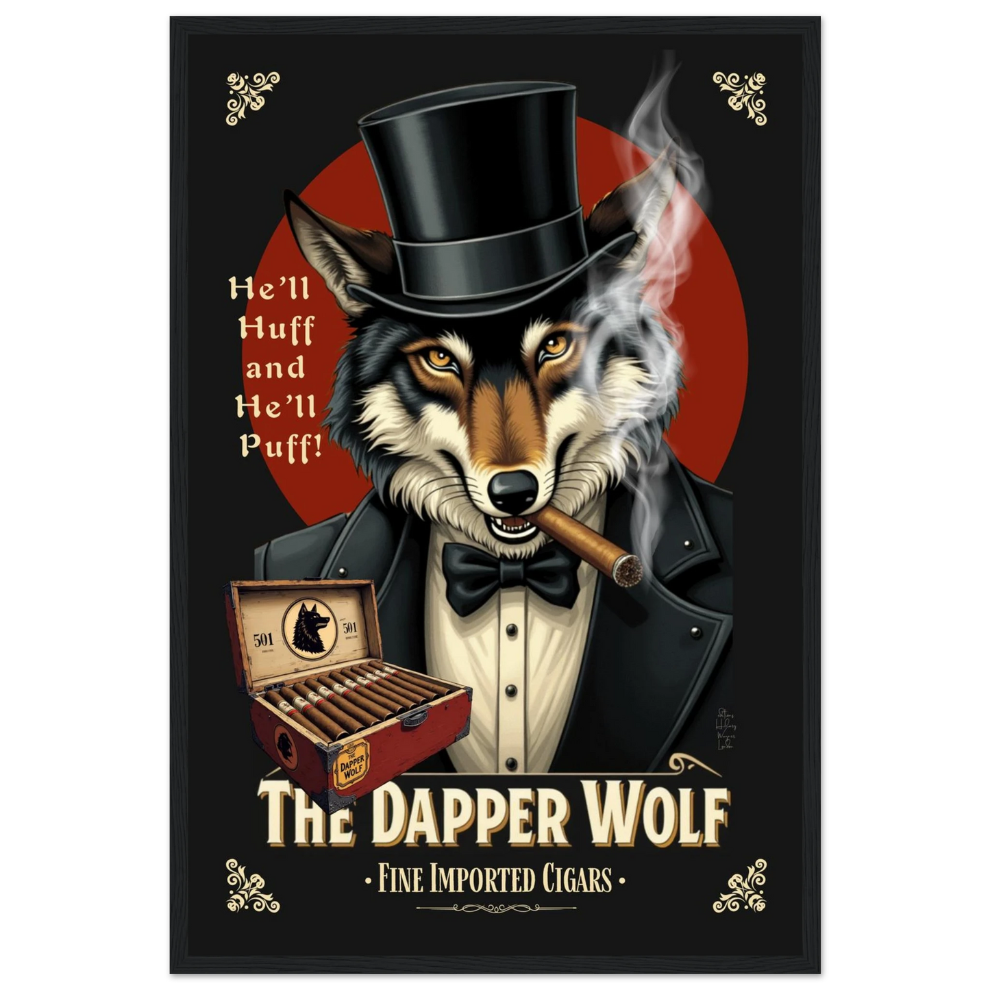 Smoking Wolf Retro Cigar Art Print 40x60 cm 16x24″ Premium Matte Paper Wooden Framed Poster Black Wood frame