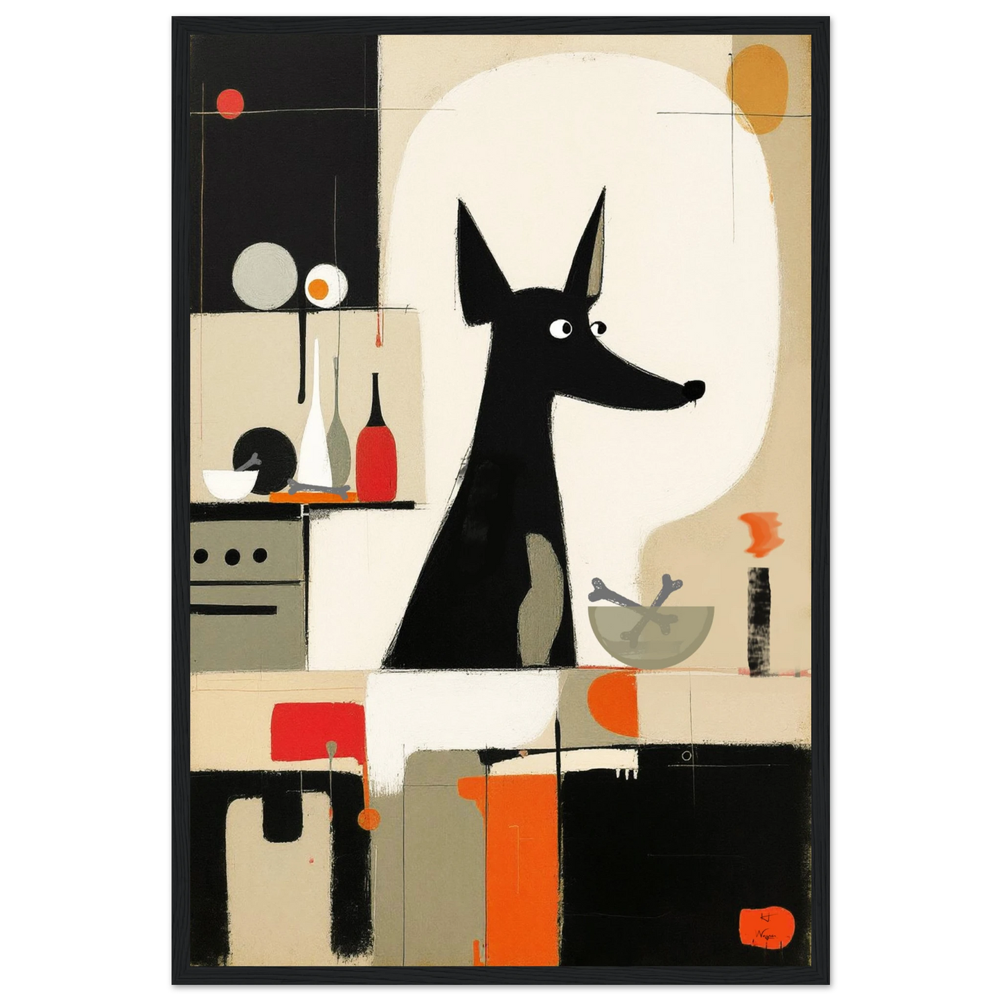Modern Quirky Abstract Dog Art Print Black Wood Frame 40x60 cm 16x24″ Premium Matte Paper Wooden Framed Poster