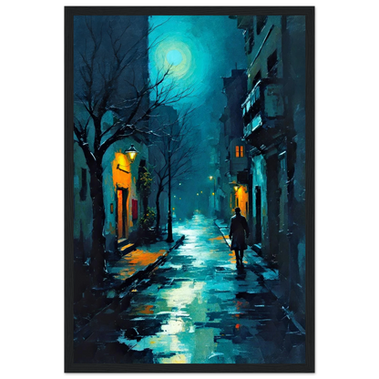 Blue Moon Night Street Scene Art Print 30x45 cm 12x18″ Classic Matte Framed Poster Black Wood Frame