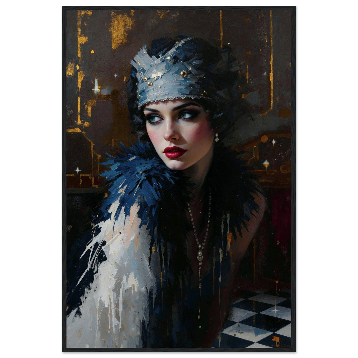 1920s Gatsby Flapper Painting Art Print - Speakeasy Prohibition Wall Decor 24x36″ Museum-Quality Matte Framed Poster - Black Wood