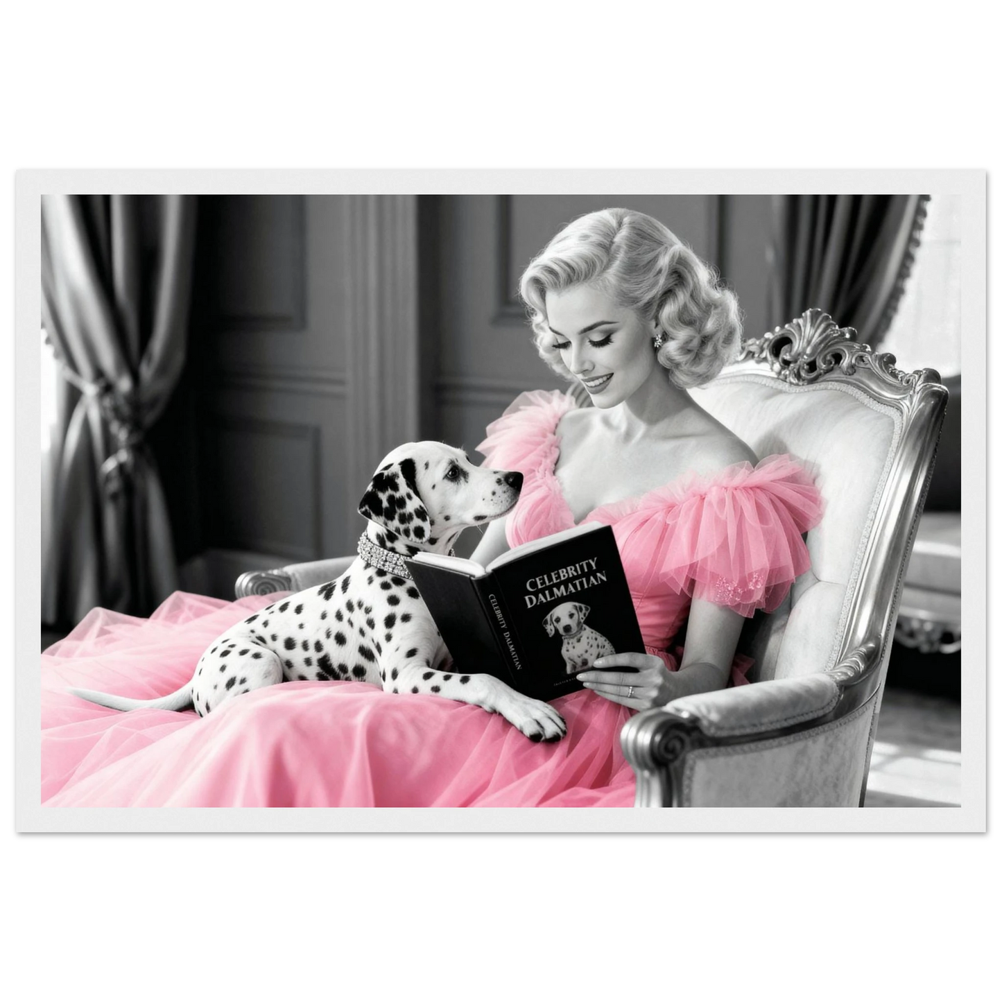 Hollywood Starlet Dalmatian Puppy Art Print 30x45 cm 12x18″ Premium Matte Framed Poster - White Wood