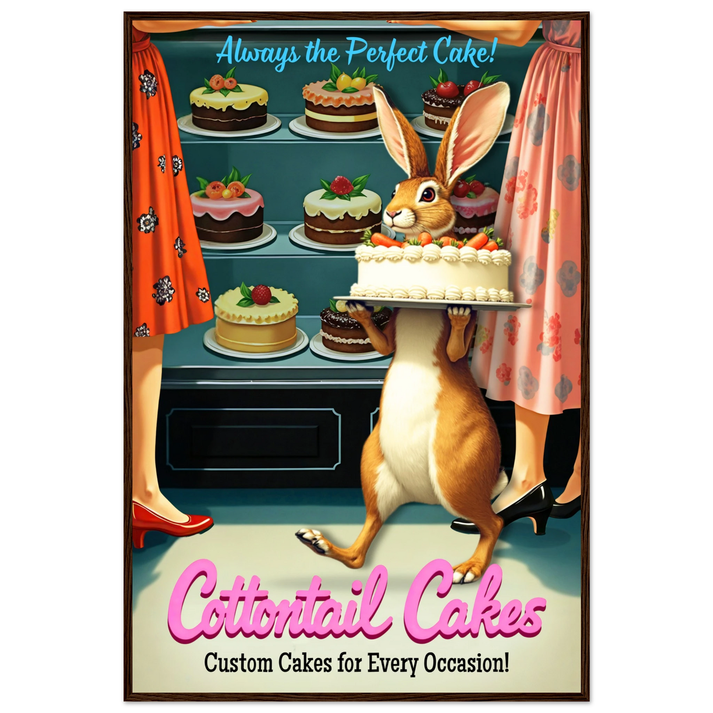 Cottontail Rabbit Bakery 1950s Kitchen Print Dark Brown Wood Frame 60x90 cm 24x36″ Classic Matte Framed Poster