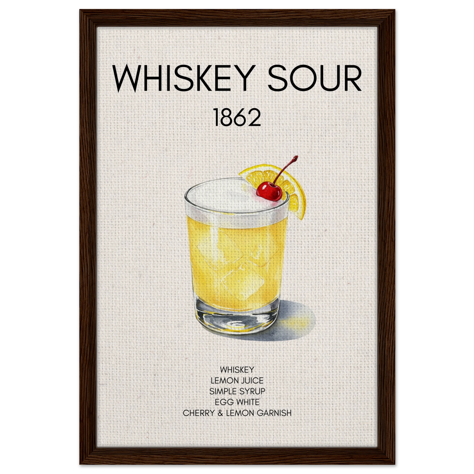 Whiskey Sour Cocktail Bar Art Print Dark Brown Wood Frame 40x60 cm 16x24″ Framed Canvas