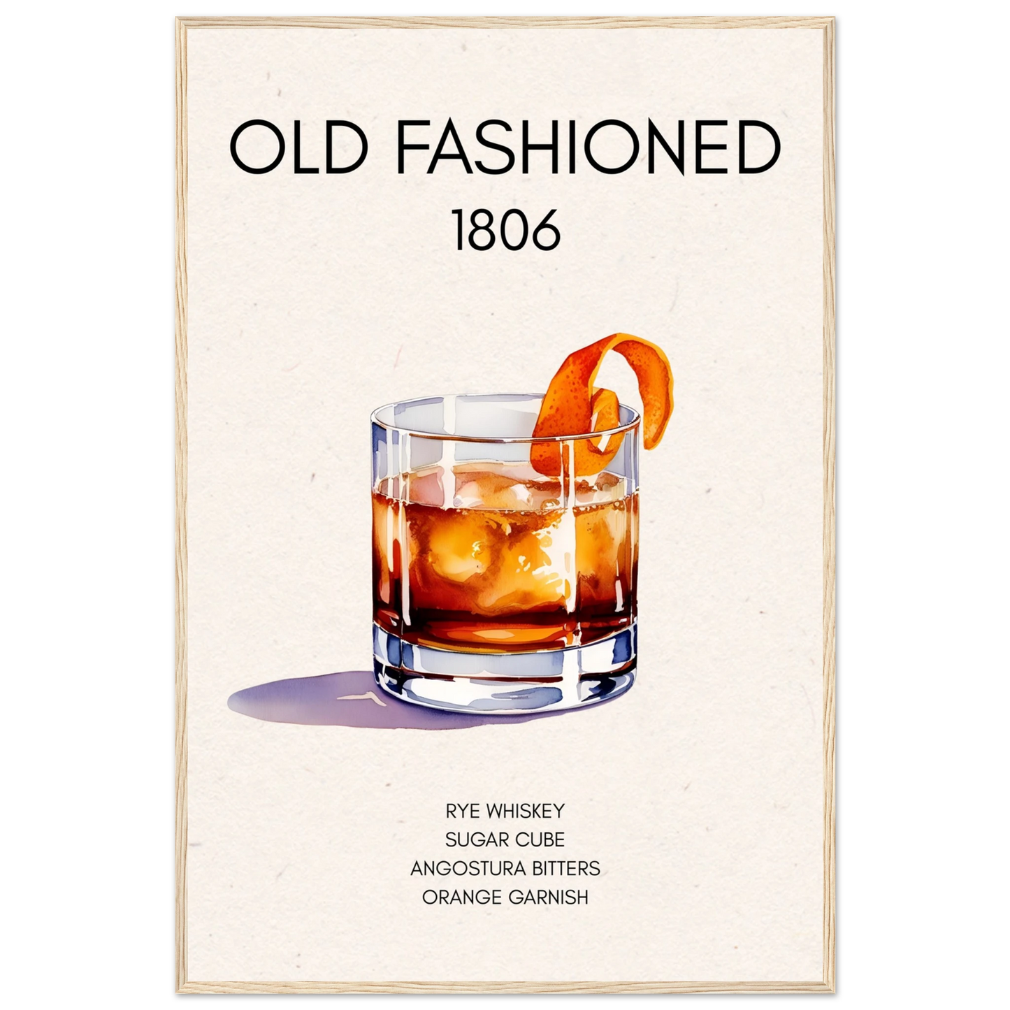 Classic Old Fashioned Cocktail Bar Poster Print Light Wood Frame 60x90 cm 24x36″ Premium Matte Paper Wooden Framed Poster