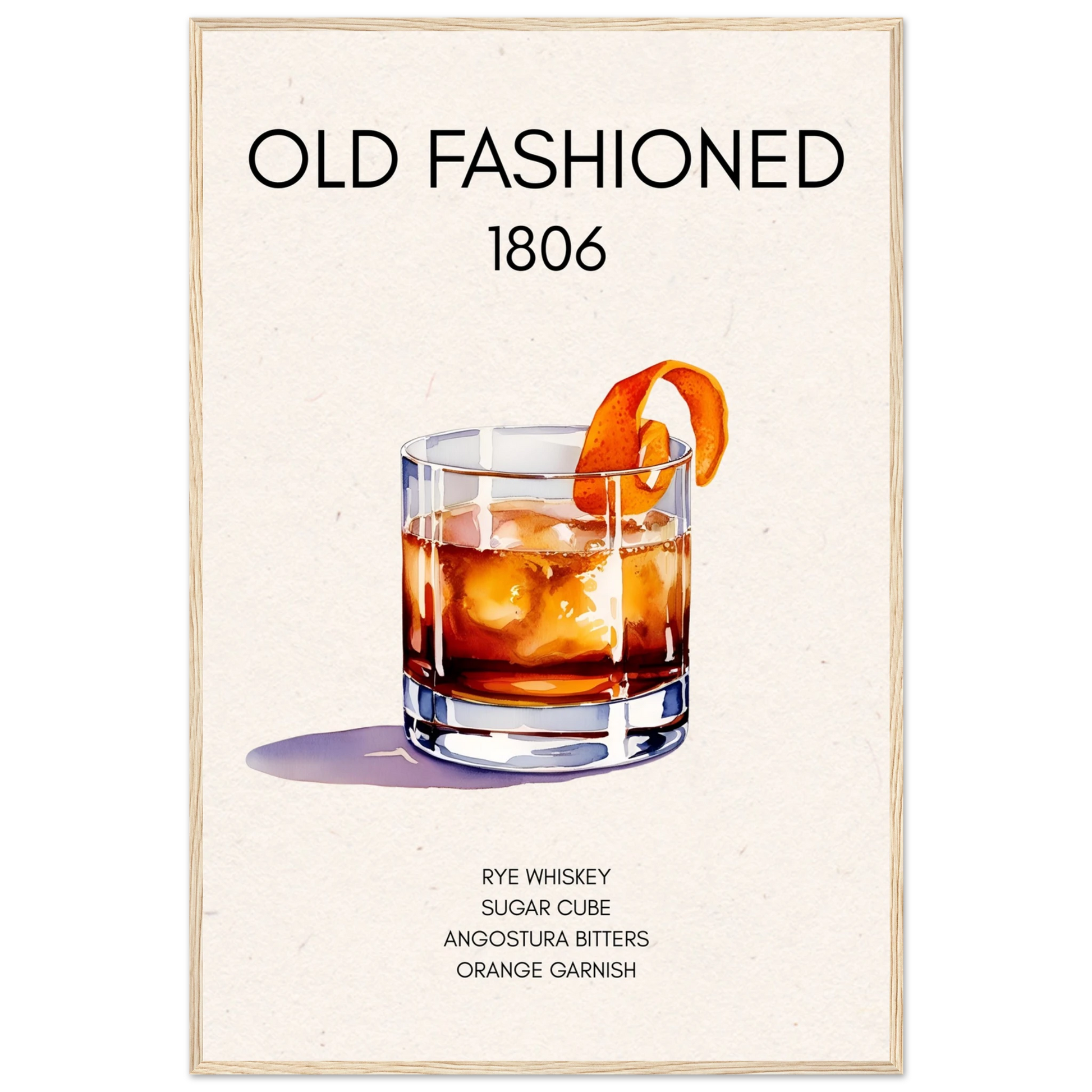 Classic Old Fashioned Cocktail Bar Art Print Light Wood Frame 60x90 cm 24x36″ Premium Matte Paper Wooden Framed Poster