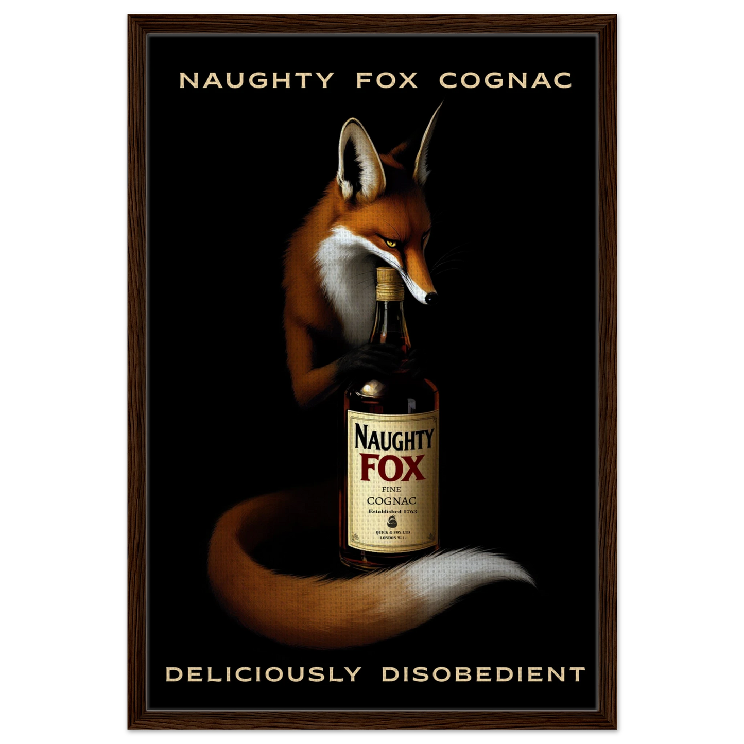 Fox Cognac Cocktail Bar Art Print Dark Brown Wood Frame 60x90 cm 24x36″ Framed Canvas