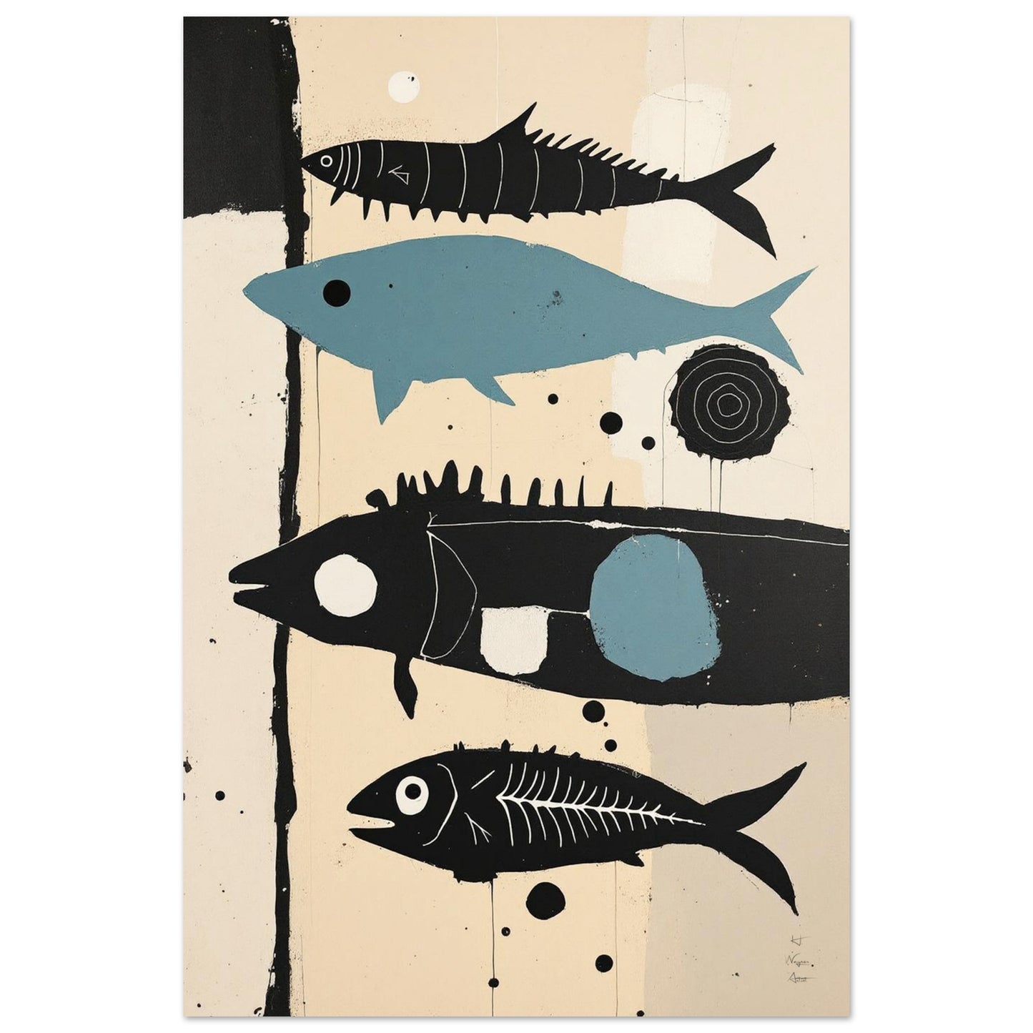 Mid-Century Modern Fish Art Poster Print – Framed Abstract Neutral Wall Decor Black Wood Frame 40x60 cm 16x24″ Framed Canvas