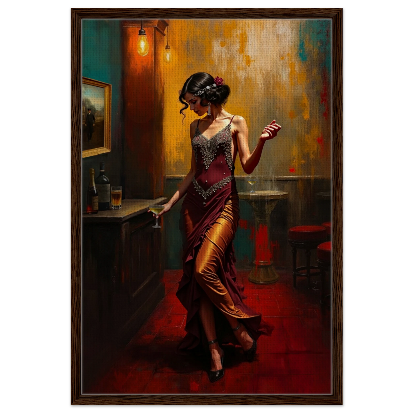Speakeasy Flapper Art Prohibition Poster Print Dark Brown Wood Frame 60x90 cm 24x36″ Framed Canvas