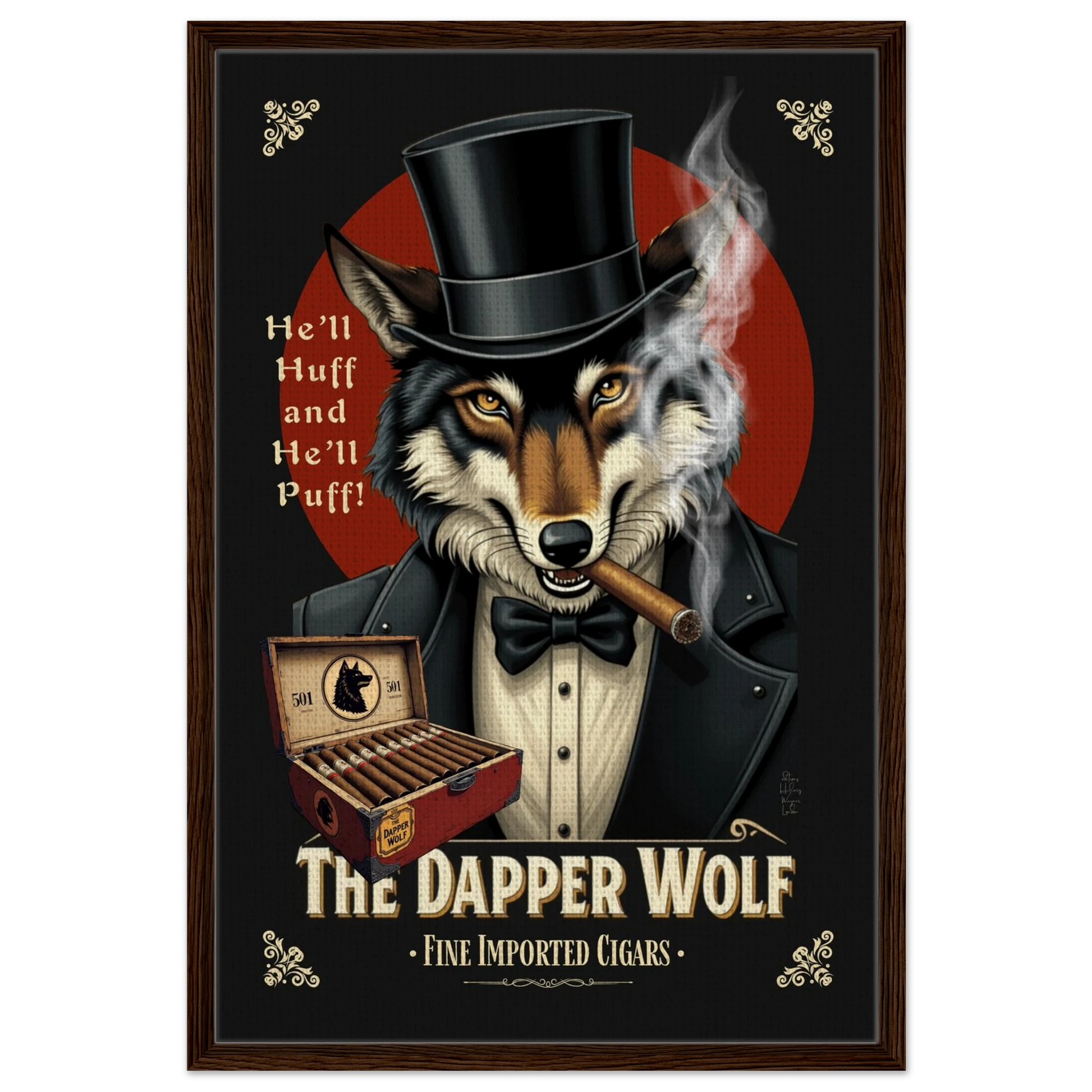 Smoking Wolf Speakeasy Cigar Art Print 60x90 cm 24x36″ Framed Canvas Dark Brown Wood Frame