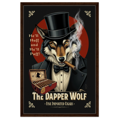 Smoking Wolf Speakeasy Cigar Art Print 60x90 cm 24x36″ Framed Canvas Dark Brown Wood Frame