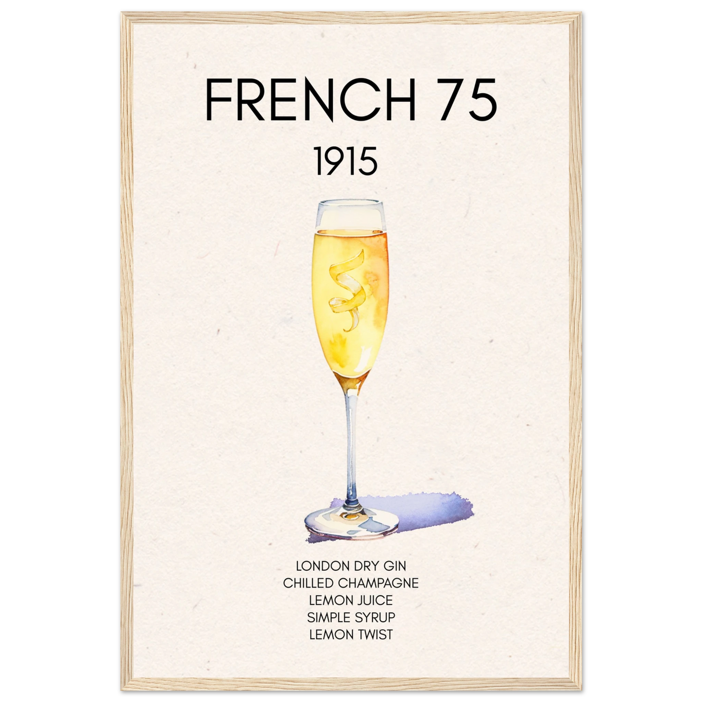French 75 Cocktail Art Print Light Wood Frame 40x60 cm 16x24″ Premium Matte Paper Wooden Framed Poster