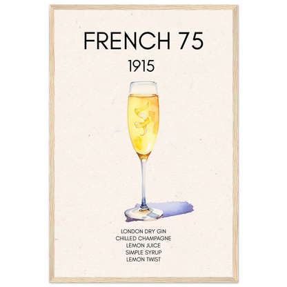 French 75 Cocktail Art Print Light Wood Frame 40x60 cm 16x24″ Premium Matte Paper Wooden Framed Poster