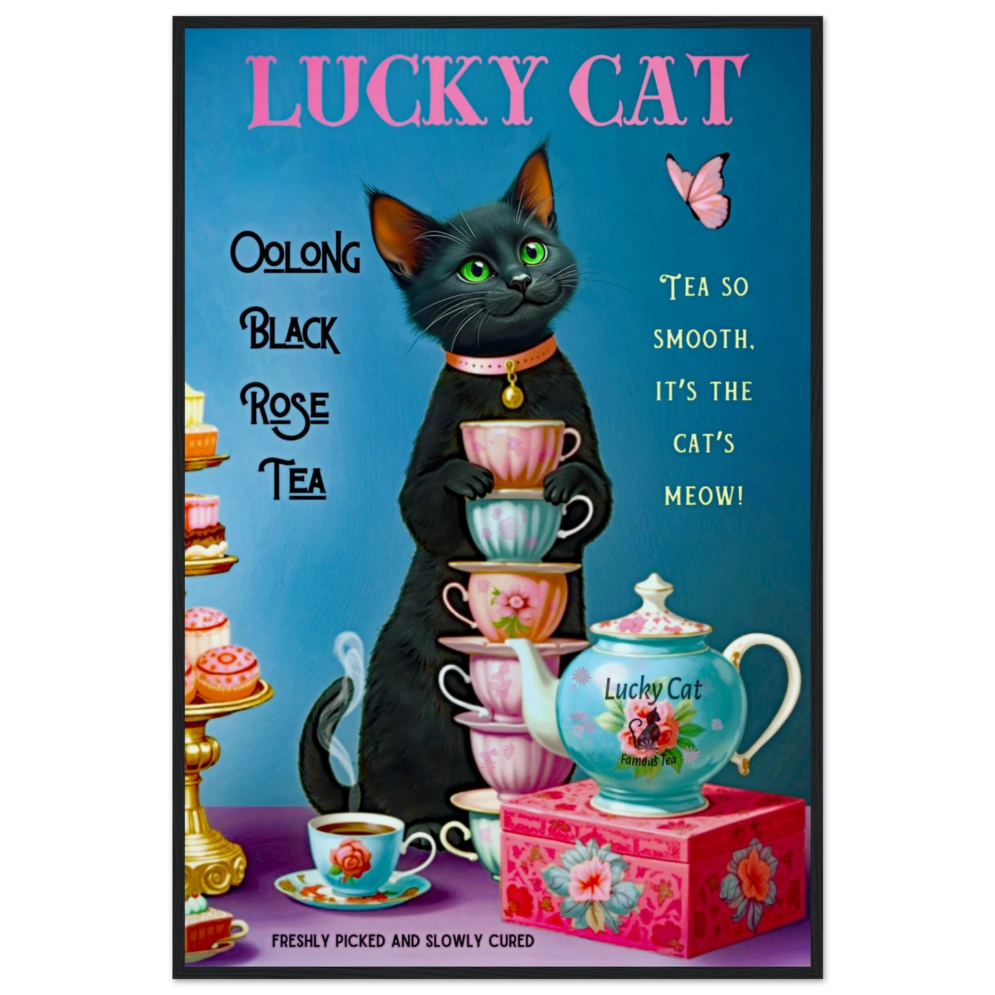 Lucky Cat Vintage Oolong Tea Art Print 60x90 cm 24x36″ Museum-Quality Matte Paper Wooden Framed Poster Black Wood frame