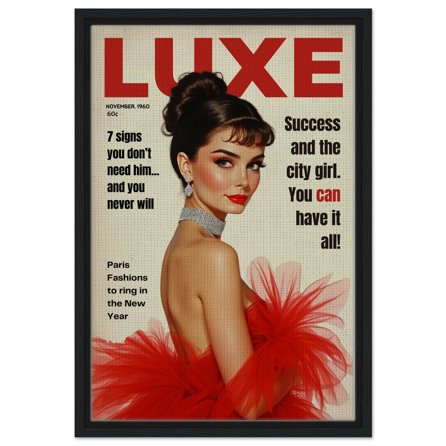 Audrey Hepburn Vintage Fashion Art Print Black Wood Frame 40x60 cm 16x24″ Framed Canvas