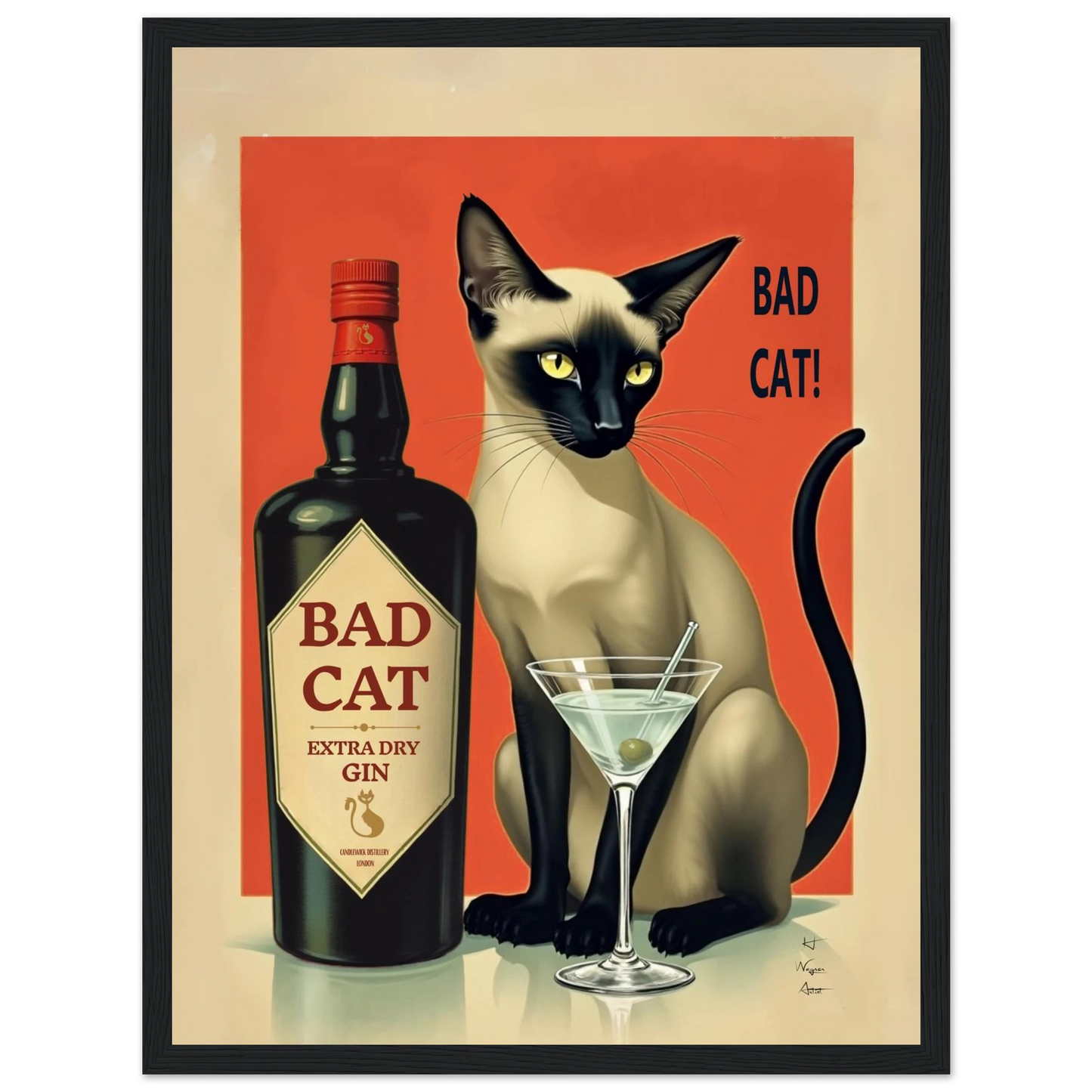 Siamese Cat Gin Martini Cocktail Art Print 30x40 cm 12x16″ Premium Matte Paper Wooden Framed Poster Black Wood Frame
