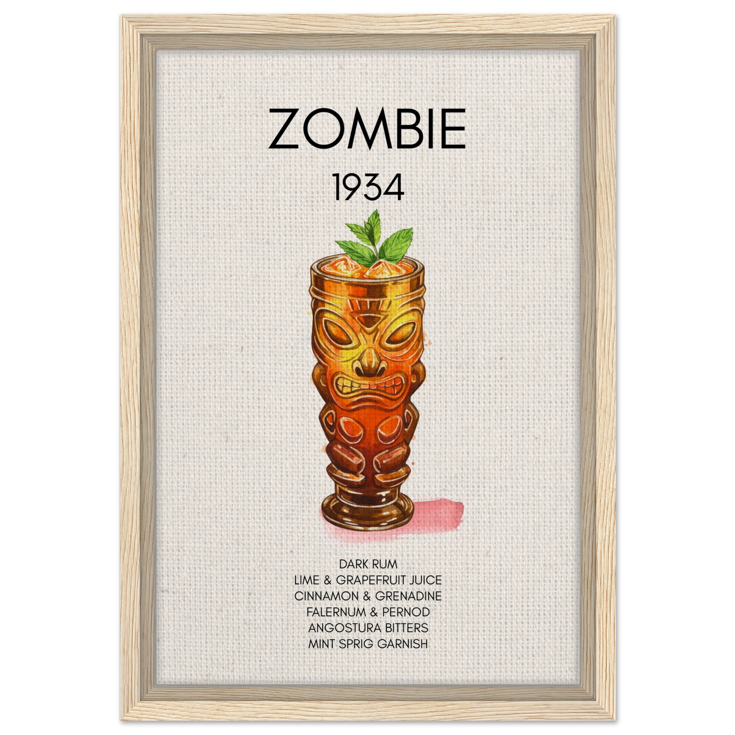 Zombie Tiki Cocktail Bar Poster Print Light Wood Frame 30x45 cm 12x18″ Framed Canvas