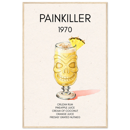Painkiller Cocktail Bar Art Tiki Print Light Wood Frame 60x90 cm 24x36″ Premium Matte Paper Wooden Framed Poster
