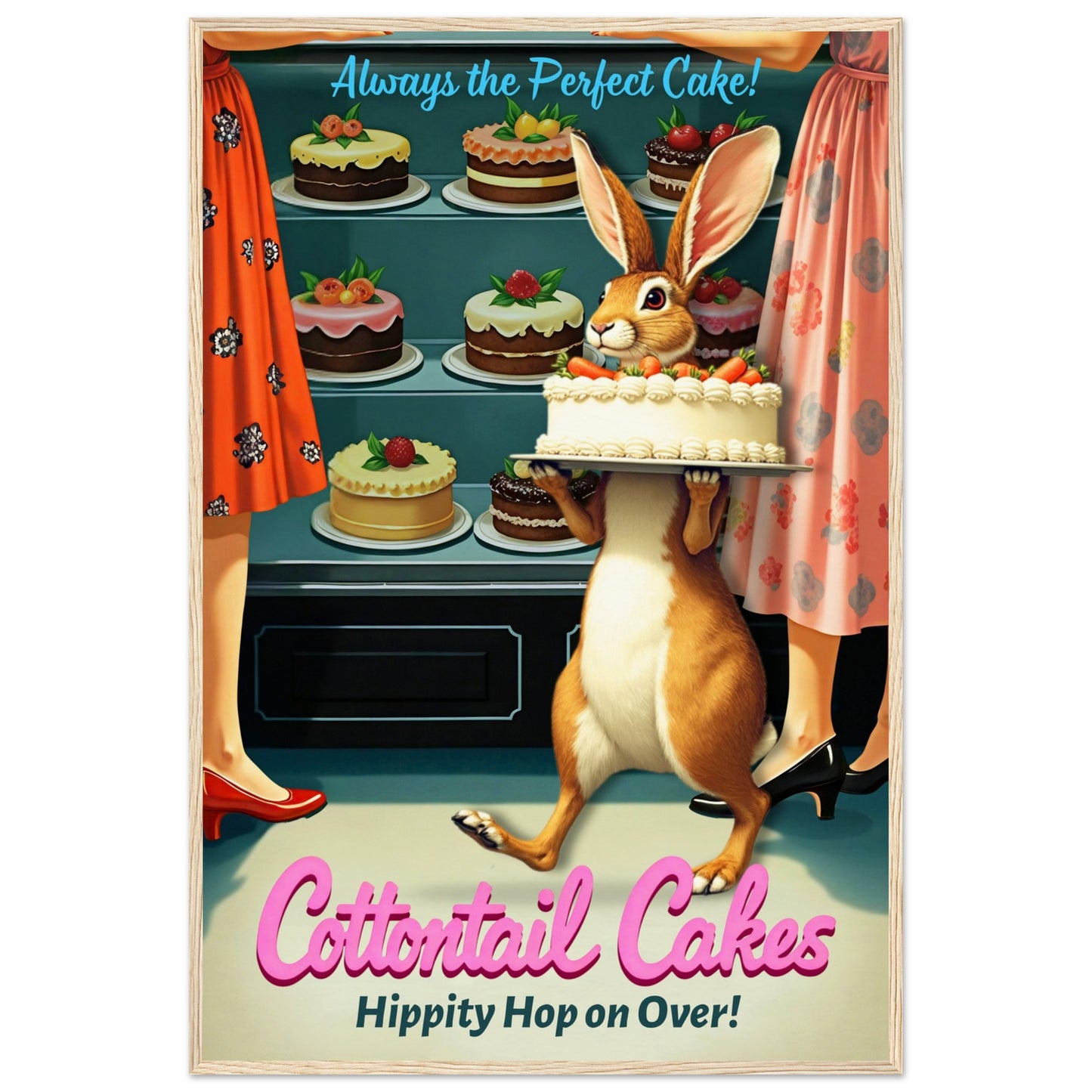 Cottontail Cakes 1950s Rabbit Art Print 60x90 cm 24x36″ Museum-Quality Matte Framed Poster - Light Wood