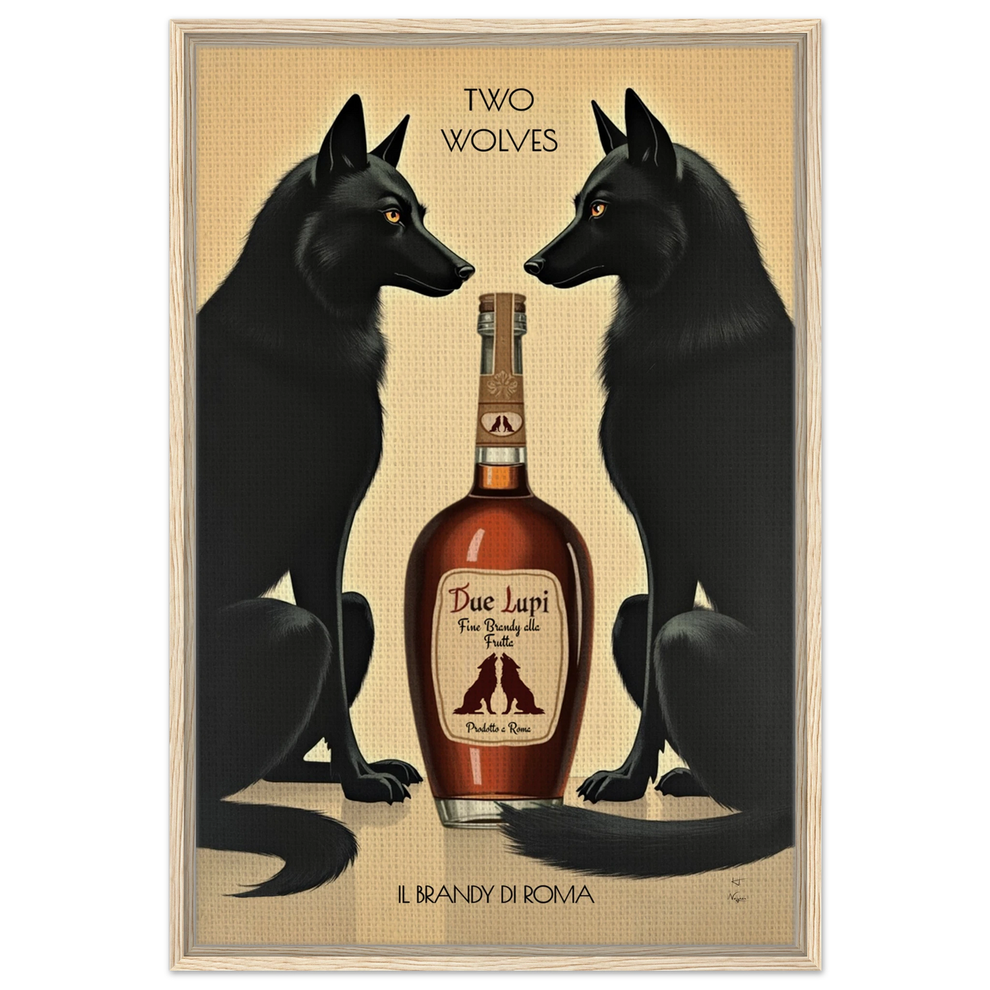 Two Wolves Italian Cocktail Bar Art Print 60x90 cm 24x36″ Framed Canvas Light Wood Frame