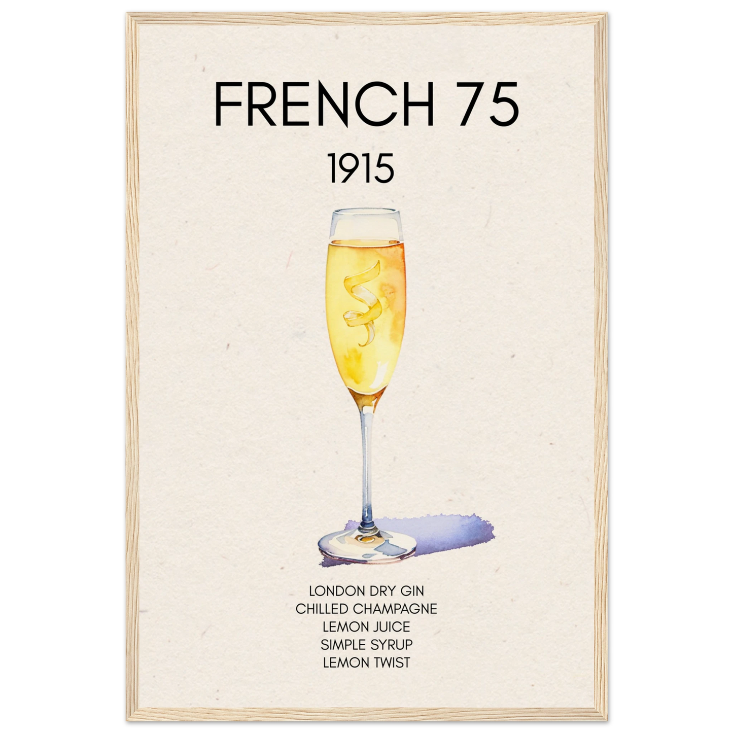 French 75 Cocktail Art Print Light Wood Frame 40x60 cm 16x24″ Museum-Quality Matte Paper Wooden Framed Poster