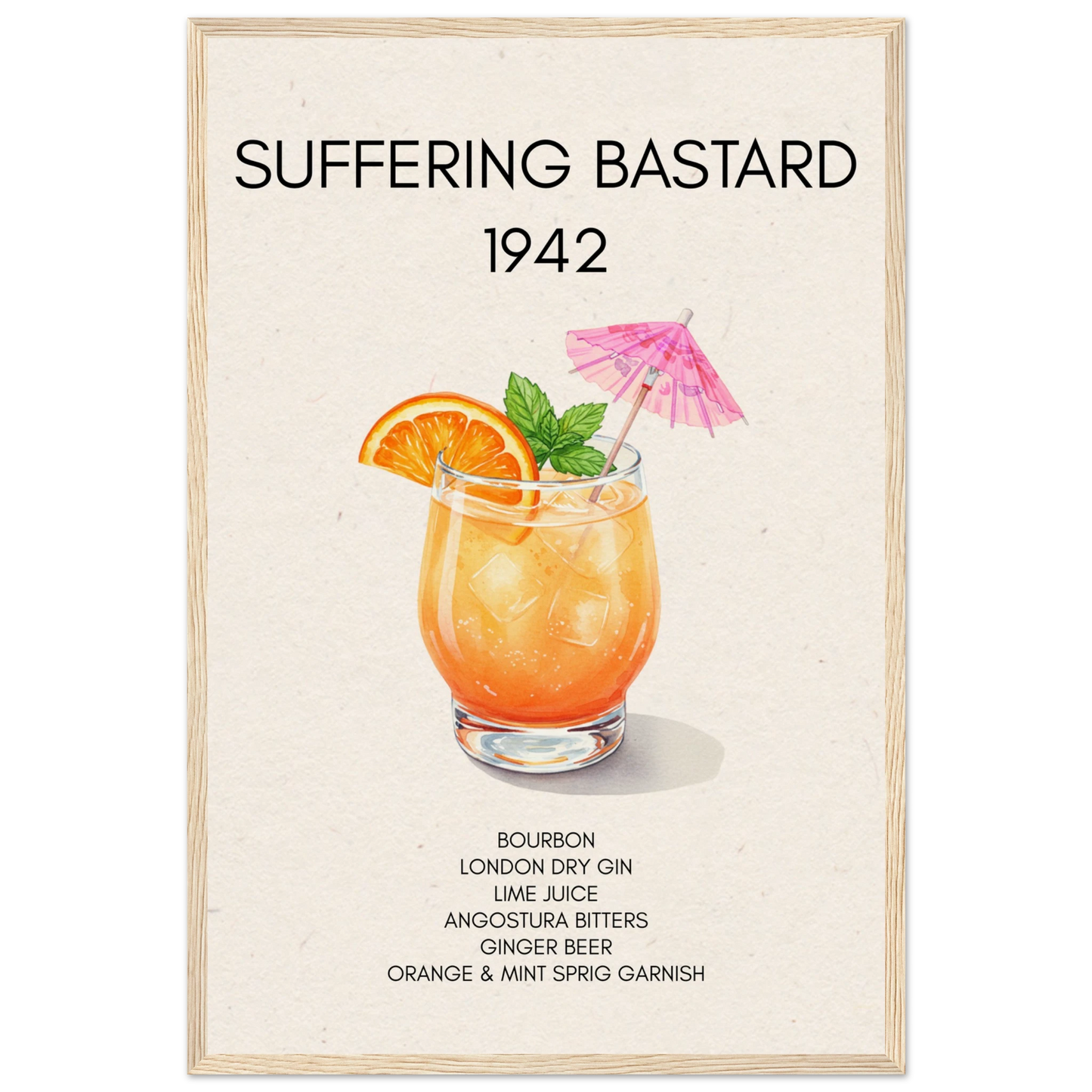 Suffering Bastard Tiki Cocktail Bar Poster Print Light Wood Frame 40x60 cm 16x24″ Museum-Quality Matte Paper Wooden Framed Poster