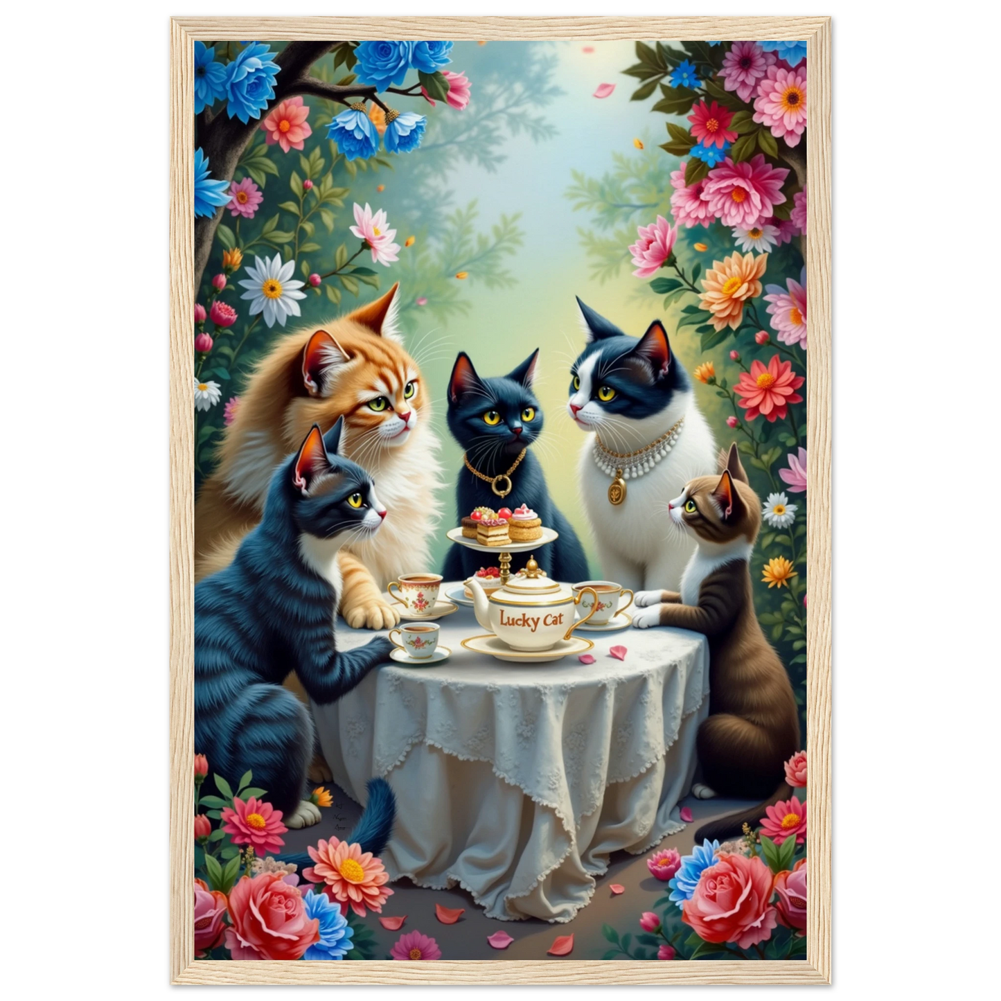 Lucky Cat Tea Party Botanical Art Print 30x45 cm 12x18″ Museum-Quality Matte Paper Wooden Framed Poster Light Wood Frame