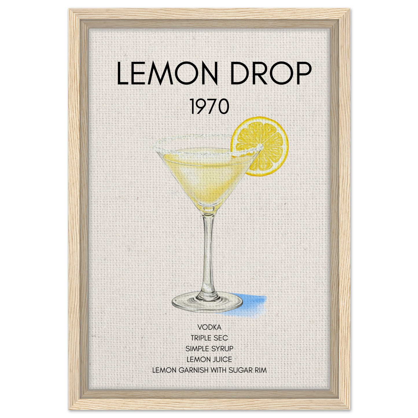 Lemon Drop Martini Cocktail Bar Poster Print Light Wood Frame 30x45 cm 12x18″ Framed Canvas