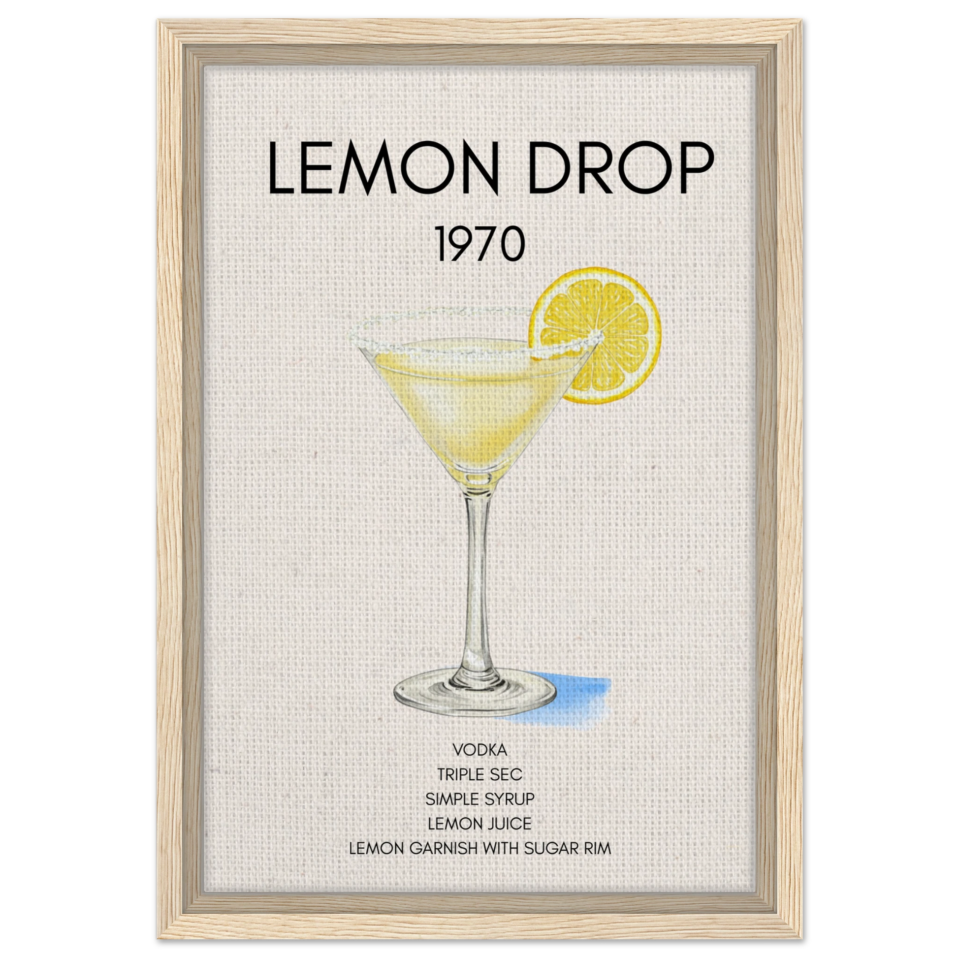 Lemon Drop Martini Cocktail Bar Art Print Light Wood Frame 30x45 cm 12x18″ Framed Canvas