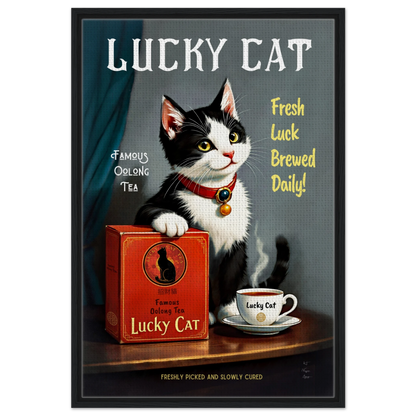 Lucky Tuxedo Cat Tea Kitchen Art Print 60x90 cm 24x36″ Framed Canvas Black Wood frame