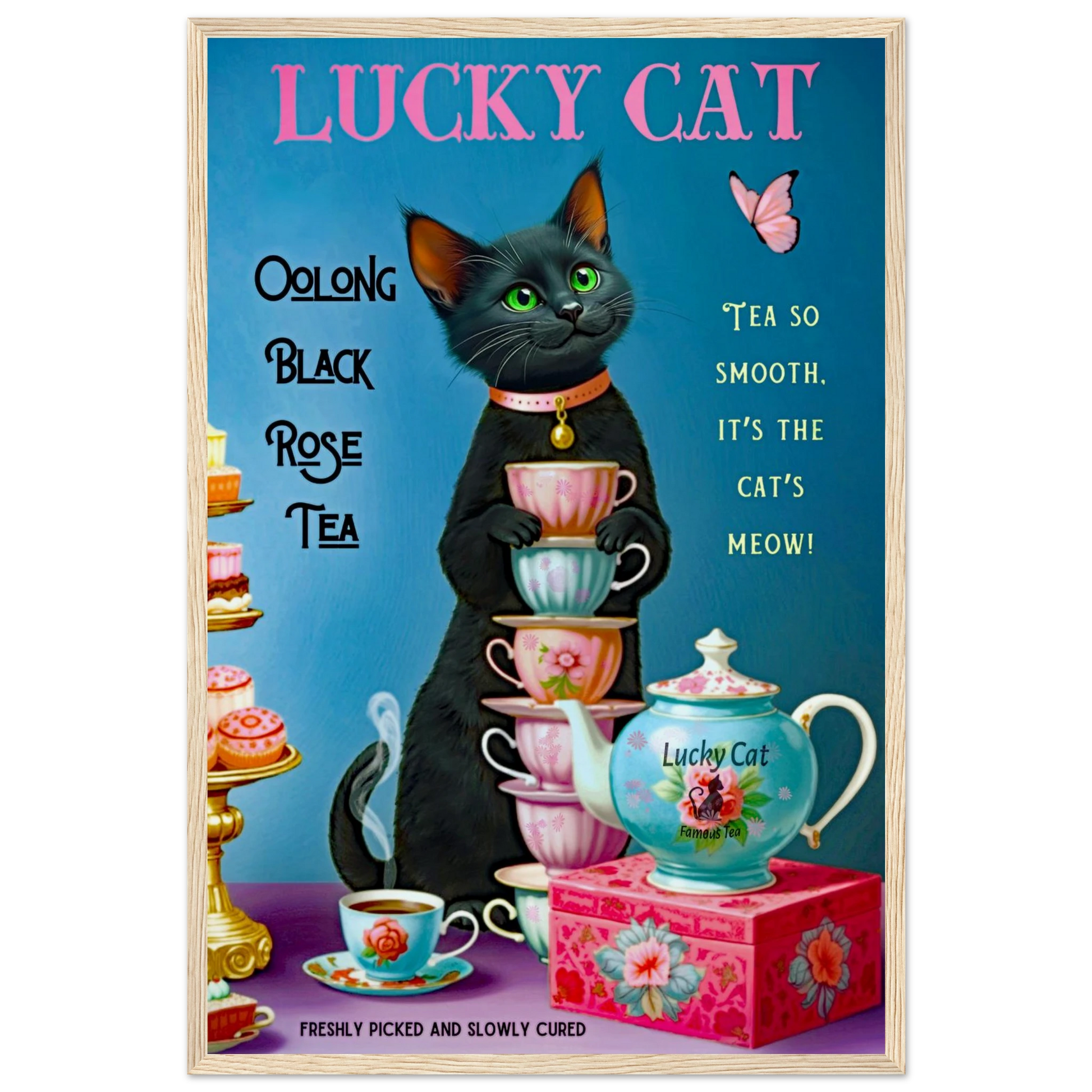 Lucky Cat Vintage Oolong Tea Art Print 40x60 cm 16x24″ Museum-Quality Matte Paper Wooden Framed Poster Light Wood Frame
