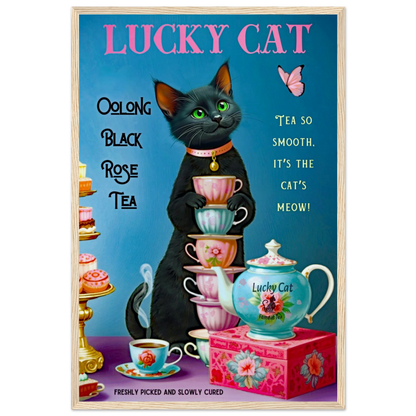Lucky Cat Vintage Oolong Tea Art Print 40x60 cm 16x24″ Museum-Quality Matte Paper Wooden Framed Poster Light Wood Frame