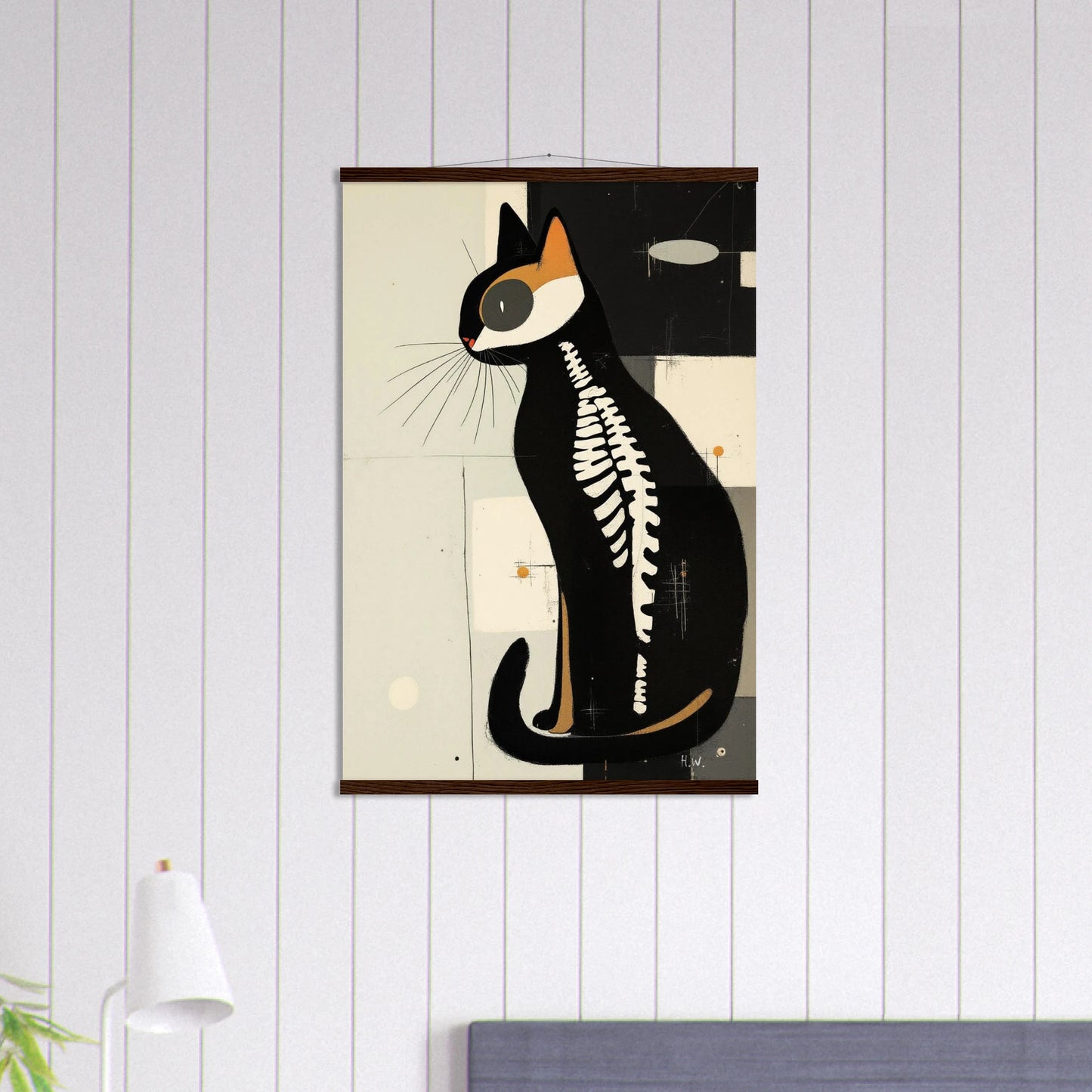 Modern Cat Skeleton Abstract Art Poster Print Dark Brown Wood Hanger 60x90 cm 24x36″ Premium Matte Paper Poster with Hanger