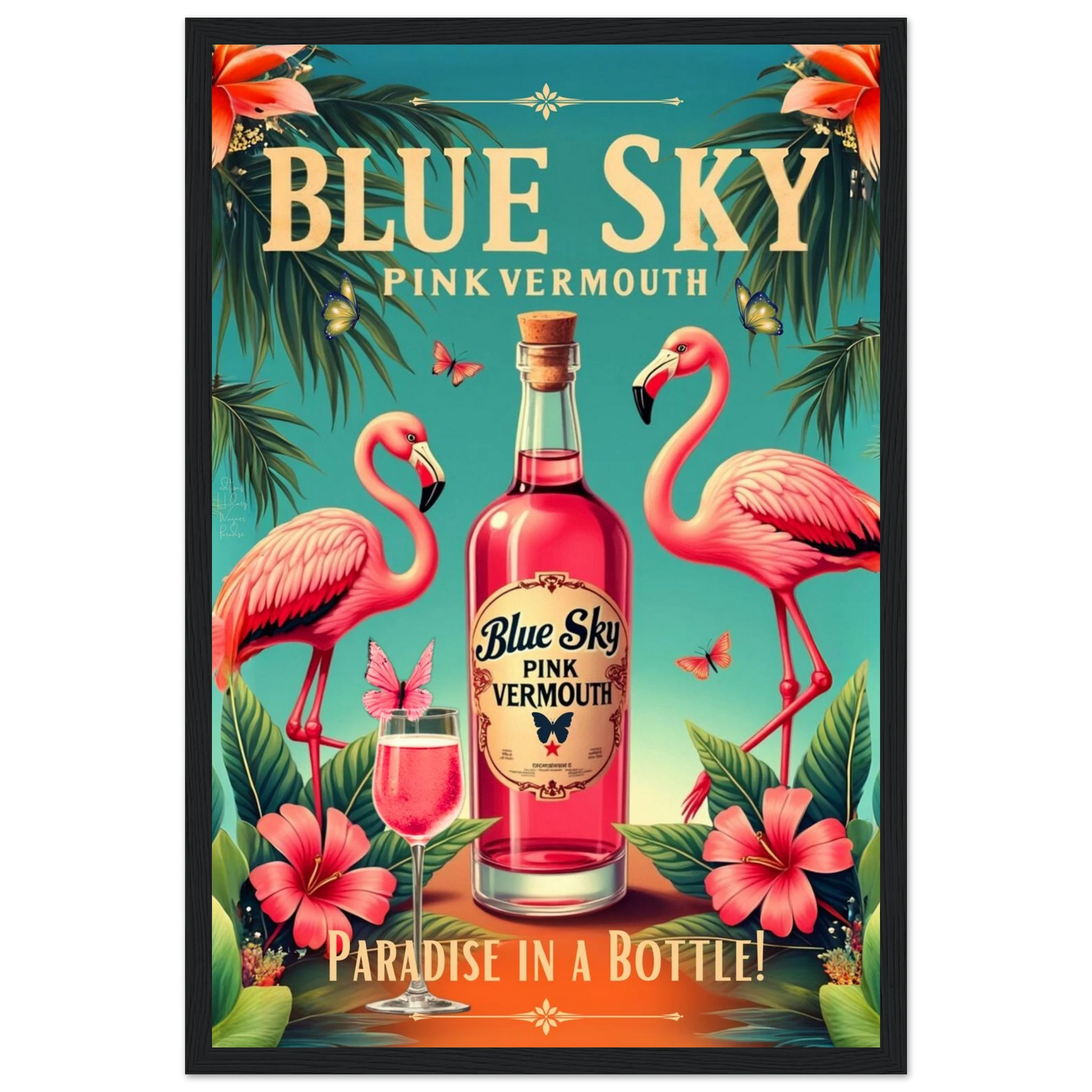 Vintage Pink Flamingo Tiki Bar Art Print 30x45 cm 12x18″ Premium Semi-Glossy Paper Wooden Framed Poster Black Wood Frame
