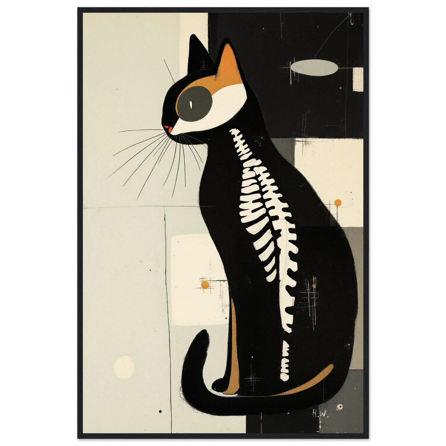 Modern Cat Skeleton Abstract Art Poster Print Dark Brown Wood Frame 60x90 cm 24x36″ Classic Matte Paper Wooden Framed Poster
