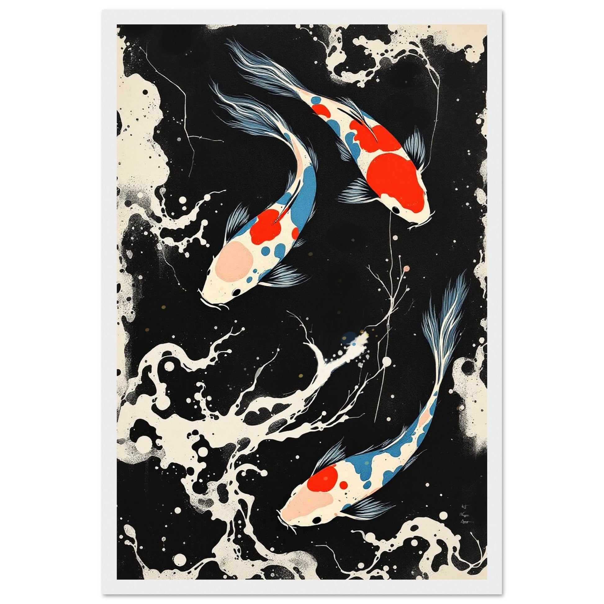 Modern Black White Koi Fish Ocean Art Print 30x45 cm 12x18″ Classic Matte Paper Wooden Framed Poster White Wood Frame