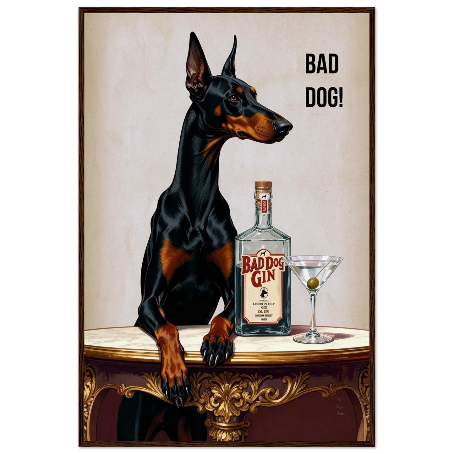 Bad Dog Gin Cocktail Bar Art Print 60x90 cm 24x36″ Museum-Quality Matte Framed Poster Dark Brown Wood Frame
