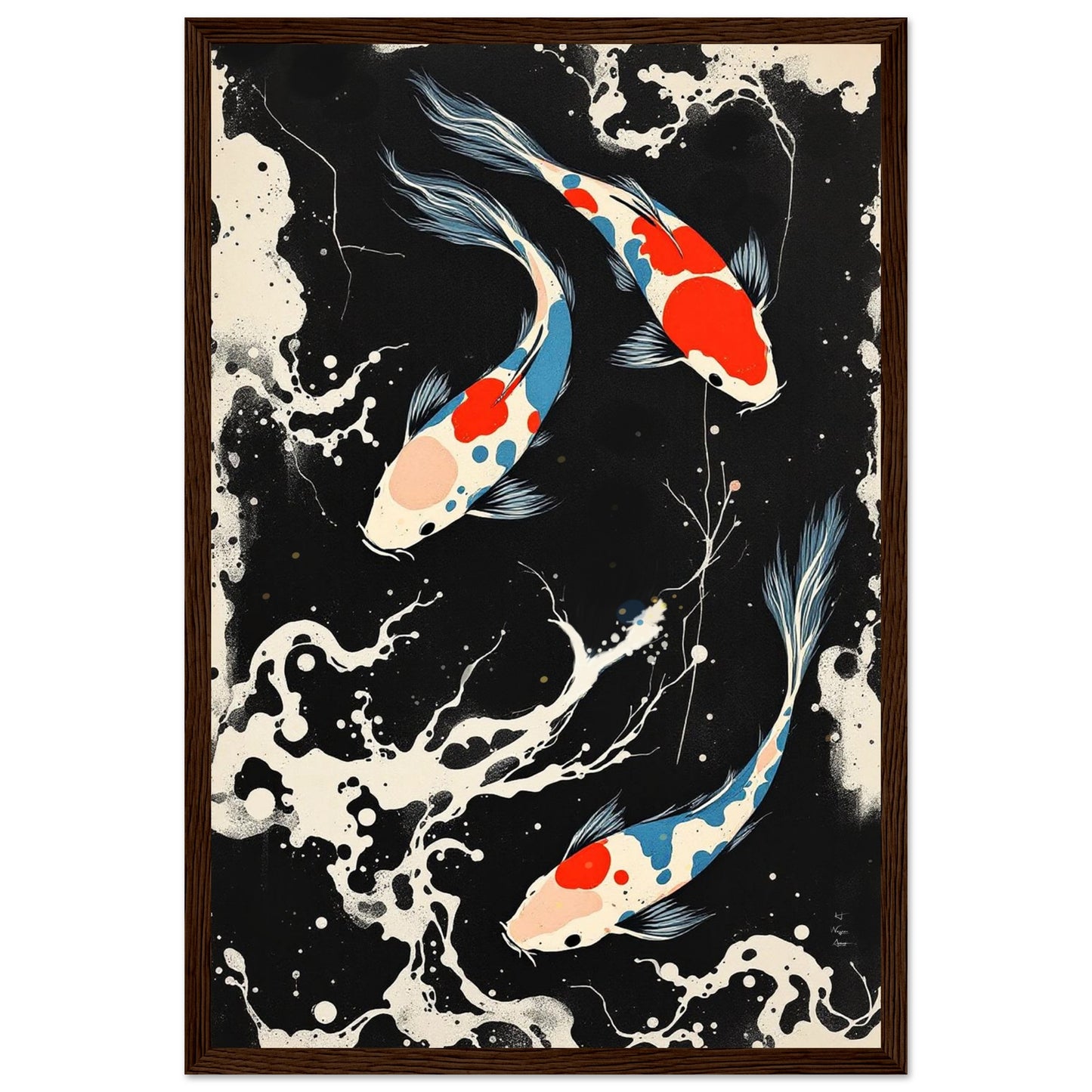Modern Black White Koi Fish Ocean Art Print 30x45 cm 12x18″ Classic Matte Paper Wooden Framed Poster Dark Brown Wood Frame
