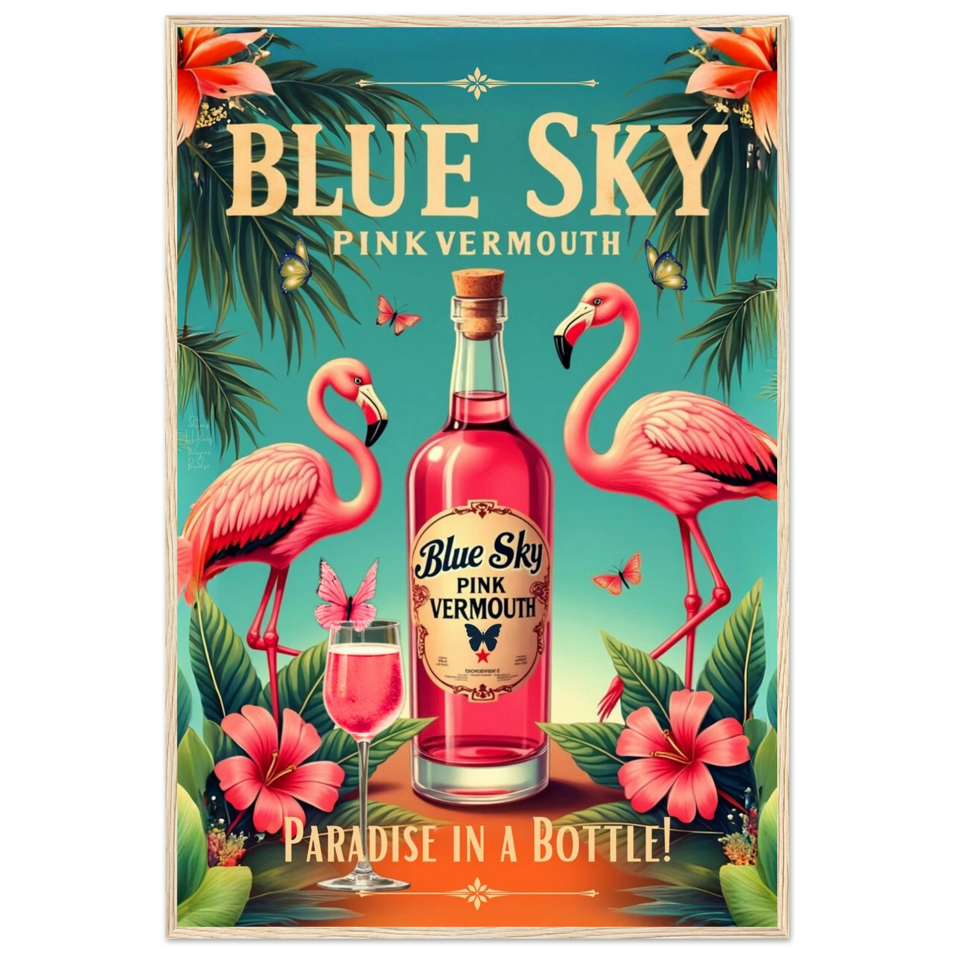 Vintage Pink Flamingo Tiki Bar Art Print 60x90 cm 24x36″ Premium Semi-Glossy Paper Wooden Framed Poster Light Wood Frame