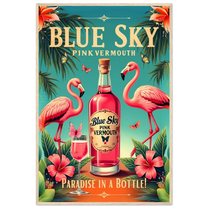 Vintage Pink Flamingo Tiki Bar Art Print 60x90 cm 24x36″ Premium Semi-Glossy Paper Wooden Framed Poster Light Wood Frame